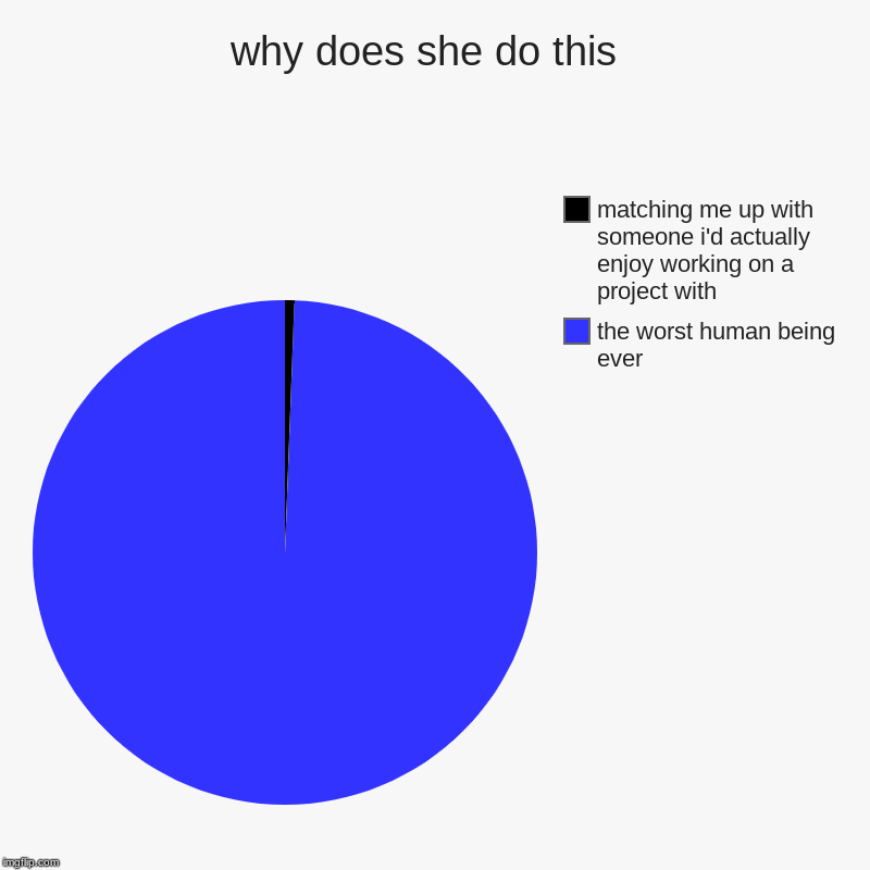 why does she do this  | the worst human being ever, matching me up with someone i'd actually enjoy working on a project with | image tagged in charts,pie charts | made w/ Imgflip chart maker