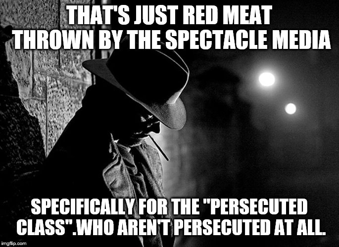 THAT'S JUST RED MEAT THROWN BY THE SPECTACLE MEDIA SPECIFICALLY FOR THE "PERSECUTED CLASS".WHO AREN'T PERSECUTED AT ALL. | made w/ Imgflip meme maker