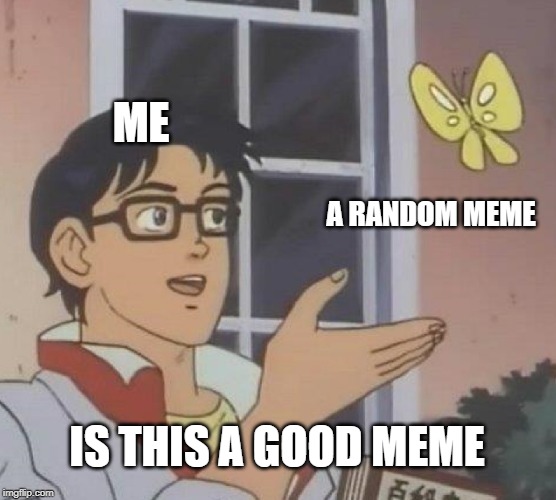 Is This A Pigeon Meme | ME; A RANDOM MEME; IS THIS A GOOD MEME | image tagged in memes,is this a pigeon | made w/ Imgflip meme maker