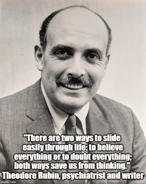 "There are two ways to slide easily through life: to believe everything or to doubt everything; both ways save us from thinking." Theodore R | made w/ Imgflip meme maker