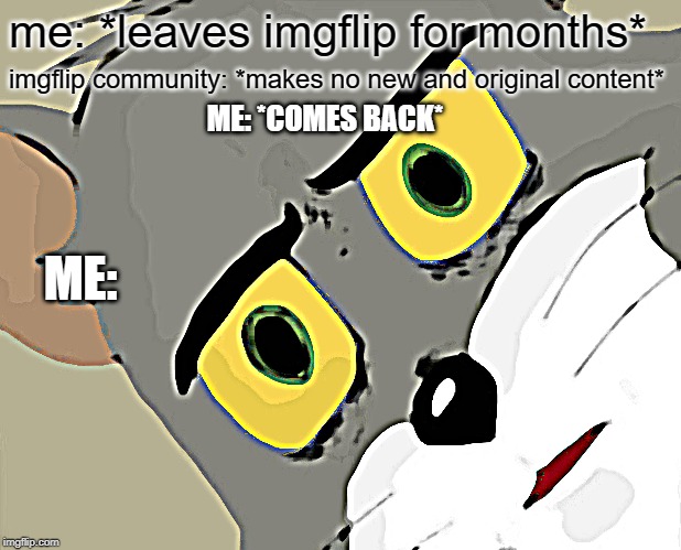 why tho? |  me: *leaves imgflip for months*; imgflip community: *makes no new and original content*; ME: *COMES BACK*; ME: | image tagged in memes,unsettled tom,funny,meme | made w/ Imgflip meme maker