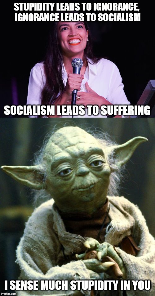Forced diversity, hmmph, socialism, hmmph, a Jedi craves not these things. | STUPIDITY LEADS TO IGNORANCE, IGNORANCE LEADS TO SOCIALISM; SOCIALISM LEADS TO SUFFERING; I SENSE MUCH STUPIDITY IN YOU | image tagged in memes,star wars yoda,aoc crazy,stupidity,socialism | made w/ Imgflip meme maker