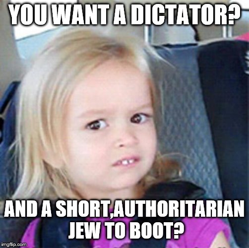 Confused Little Girl | YOU WANT A DICTATOR? AND A SHORT,AUTHORITARIAN JEW TO BOOT? | image tagged in confused little girl | made w/ Imgflip meme maker