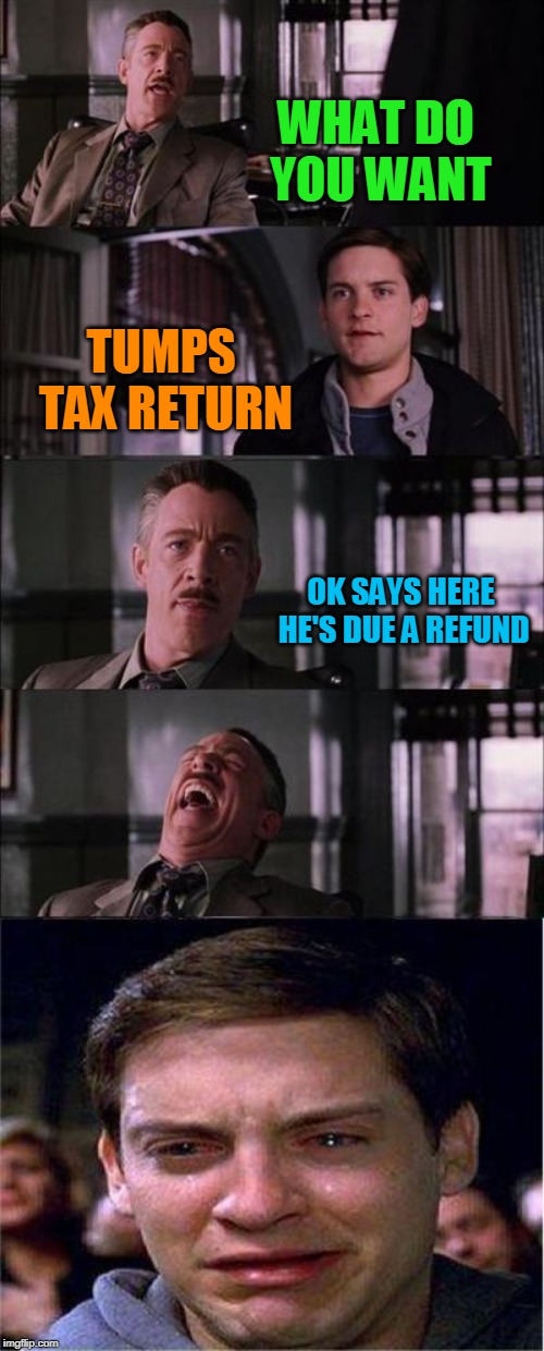 Peter Parker Cry | WHAT DO YOU WANT; TUMPS TAX RETURN; OK SAYS HERE HE'S DUE A REFUND | image tagged in memes,peter parker cry | made w/ Imgflip meme maker