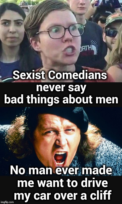 That's the glory of love | Sexist Comedians never say bad things about men; No man ever made me want to drive my car over a cliff | image tagged in triggered liberal,still a better love story than twilight,sexist,comedy | made w/ Imgflip meme maker