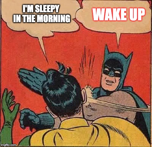 Batman Slapping Robin Meme | I'M SLEEPY IN THE MORNING WAKE UP | image tagged in memes,batman slapping robin | made w/ Imgflip meme maker