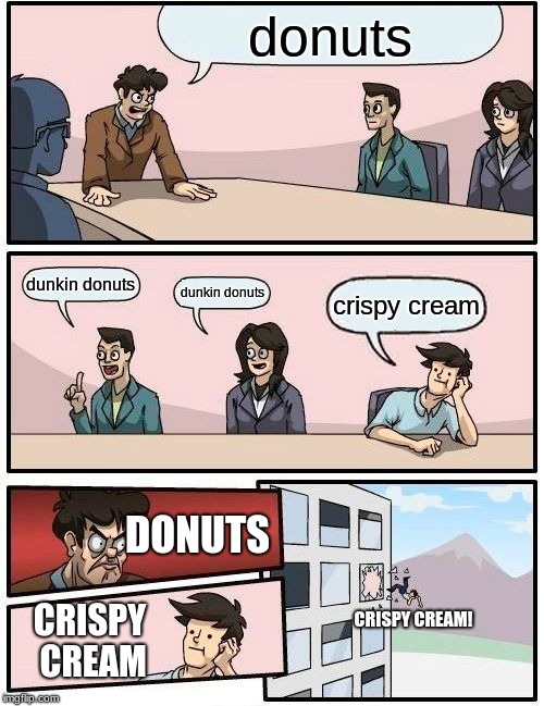 Boardroom Meeting Suggestion Meme | donuts; dunkin donuts; dunkin donuts; crispy cream; DONUTS; CRISPY CREAM! CRISPY CREAM | image tagged in memes,boardroom meeting suggestion | made w/ Imgflip meme maker
