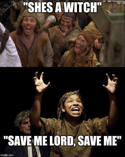 "SHES A WITCH"; "SAVE ME LORD, SAVE ME" | image tagged in monty python witch | made w/ Imgflip meme maker
