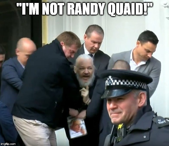 Awkward Assange | "I'M NOT RANDY QUAID!" | image tagged in awkward assange | made w/ Imgflip meme maker