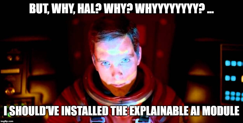 Dave (Hal 9000) | BUT, WHY, HAL? WHY? WHYYYYYYYY? ... I SHOULD'VE INSTALLED THE EXPLAINABLE AI MODULE | image tagged in dave hal 9000 | made w/ Imgflip meme maker