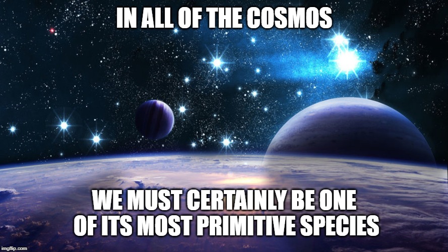 Homo Sapiens | IN ALL OF THE COSMOS; WE MUST CERTAINLY BE ONE OF ITS MOST PRIMITIVE SPECIES | image tagged in cosmos gsharpe,homo sapiens,memes | made w/ Imgflip meme maker