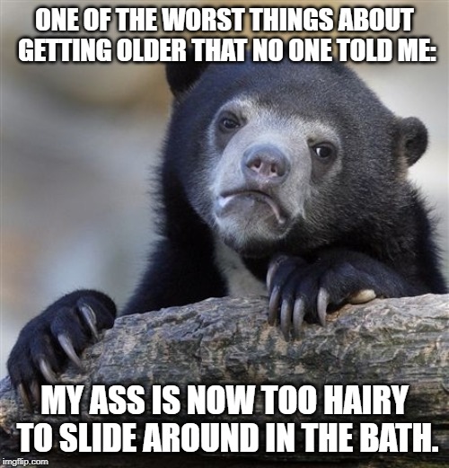 Confession Bear Meme | ONE OF THE WORST THINGS ABOUT GETTING OLDER THAT NO ONE TOLD ME:; MY ASS IS NOW TOO HAIRY TO SLIDE AROUND IN THE BATH. | image tagged in memes,confession bear | made w/ Imgflip meme maker