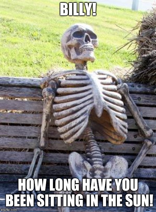 Waiting Skeleton | BILLY! HOW LONG HAVE YOU BEEN SITTING IN THE SUN! | image tagged in memes,waiting skeleton | made w/ Imgflip meme maker