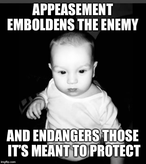 APPEASEMENT EMBOLDENS THE ENEMY; AND ENDANGERS THOSE IT’S MEANT TO PROTECT | image tagged in appeasement,skeptical baby,angry baby | made w/ Imgflip meme maker