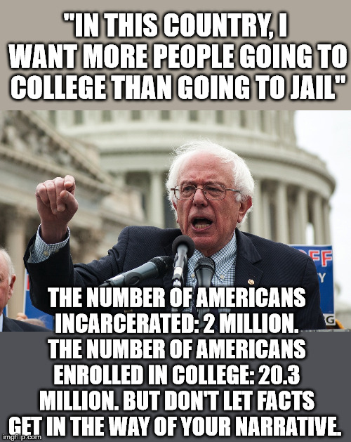 Bernie Sanders | "IN THIS COUNTRY, I WANT MORE PEOPLE GOING TO COLLEGE THAN GOING TO JAIL"; THE NUMBER OF AMERICANS INCARCERATED: 2 MILLION. THE NUMBER OF AMERICANS ENROLLED IN COLLEGE: 20.3 MILLION. BUT DON'T LET FACTS GET IN THE WAY OF YOUR NARRATIVE. | image tagged in bernie sanders | made w/ Imgflip meme maker
