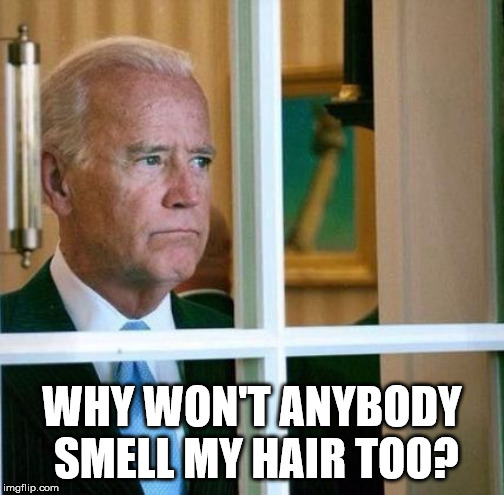 Sniff, sniff. | WHY WON'T ANYBODY SMELL MY HAIR TOO? | image tagged in sad joe biden | made w/ Imgflip meme maker