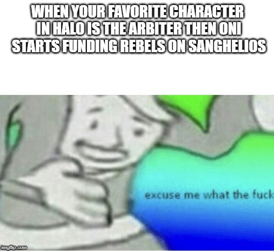 Excuse me wtf blank template | WHEN YOUR FAVORITE CHARACTER IN HALO IS THE ARBITER THEN ONI STARTS FUNDING REBELS ON SANGHELIOS | image tagged in excuse me wtf blank template | made w/ Imgflip meme maker
