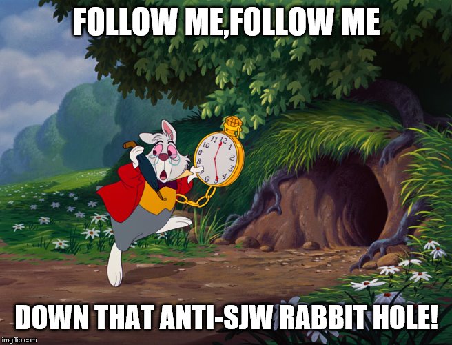 White Rabbit Alice in "onderland | FOLLOW ME,FOLLOW ME DOWN THAT ANTI-SJW RABBIT HOLE! | image tagged in white rabbit alice in onderland | made w/ Imgflip meme maker