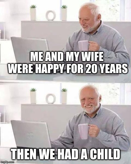 I'm so sorry for you guys! | ME AND MY WIFE WERE HAPPY FOR 20 YEARS; THEN WE HAD A CHILD | image tagged in memes,hide the pain harold | made w/ Imgflip meme maker