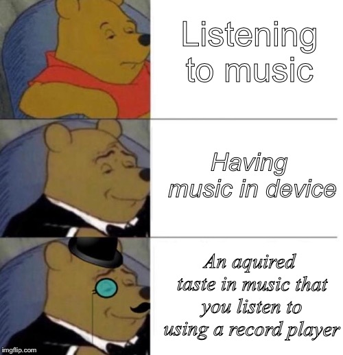 Mmmuusic aesthetic |  Listening to music; Having music in device; An aquired taste in music that you listen to using a record player | image tagged in tuxedo winnie the pooh 3 panel,dank memes,fresh,first meme | made w/ Imgflip meme maker