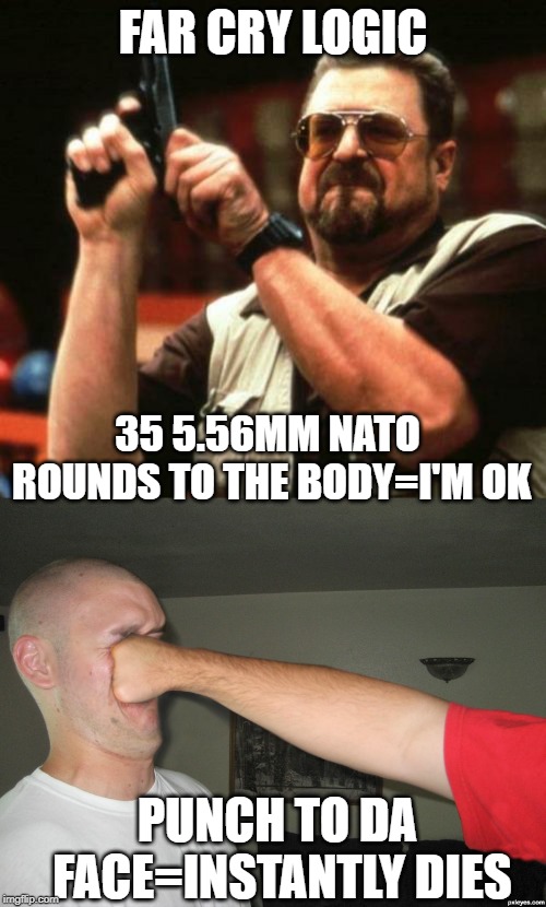 Far Cry Logic 101 | FAR CRY LOGIC; 35 5.56MM NATO ROUNDS TO THE BODY=I'M OK; PUNCH TO DA FACE=INSTANTLY DIES | image tagged in gun,face punch | made w/ Imgflip meme maker