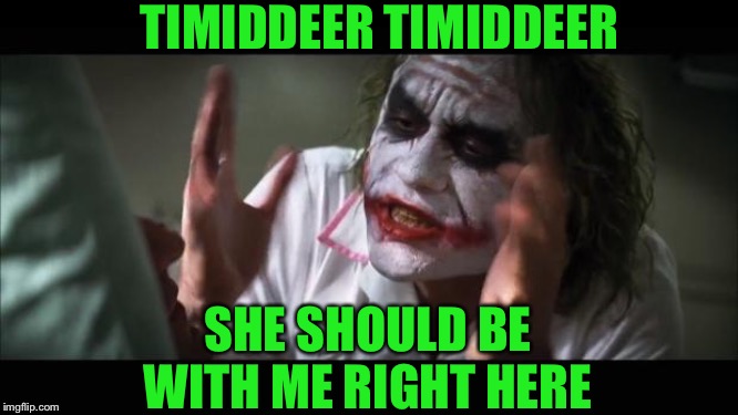 And everybody loses their minds Meme | TIMIDDEER TIMIDDEER SHE SHOULD BE WITH ME RIGHT HERE | image tagged in memes,and everybody loses their minds | made w/ Imgflip meme maker