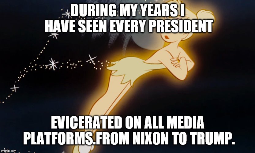 Tinkerbell | DURING MY YEARS I HAVE SEEN EVERY PRESIDENT EVICERATED ON ALL MEDIA PLATFORMS.FROM NIXON TO TRUMP. | image tagged in tinkerbell | made w/ Imgflip meme maker