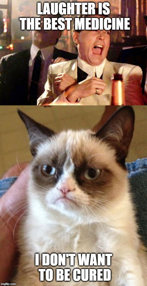 grump cat is angry | LAUGHTER IS THE BEST MEDICINE; I DON'T WANT TO BE CURED | image tagged in memes,grumpy cat,goodfellas laugh | made w/ Imgflip meme maker