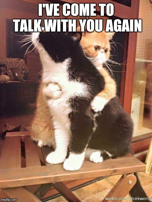 cats hugging | I'VE COME TO TALK WITH YOU AGAIN | image tagged in cats hugging | made w/ Imgflip meme maker
