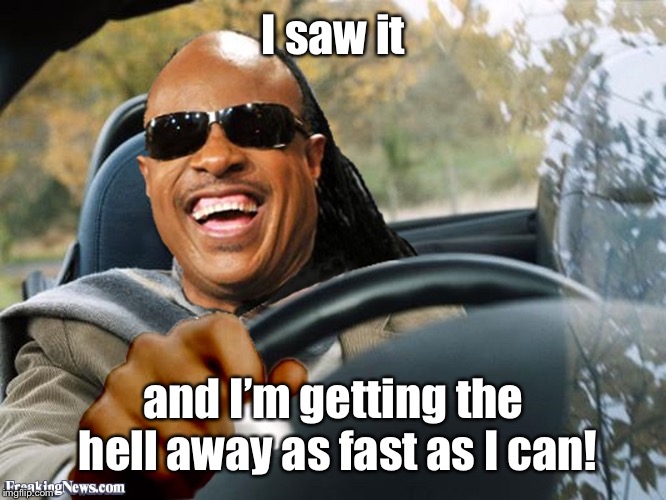 Stevie Wonder Driving | I saw it and I’m getting the hell away as fast as I can! | image tagged in stevie wonder driving | made w/ Imgflip meme maker