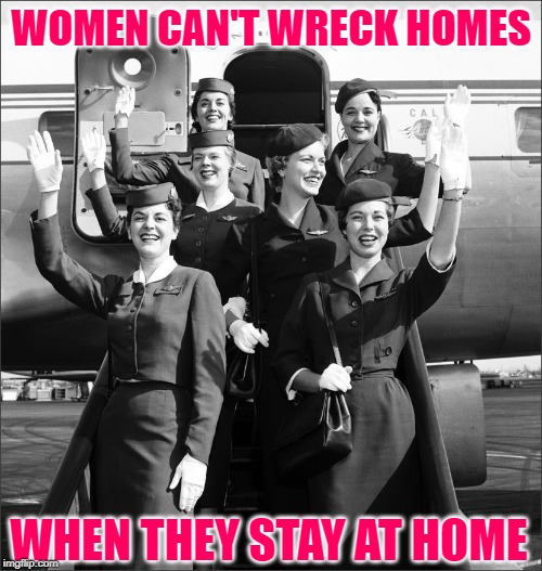 Homewreckers in Flight | WOMEN CAN'T WRECK HOMES; WHEN THEY STAY AT HOME | image tagged in vintage flight attendants - stewardesses via tumblr,funny memes,women,working,waving,anti-feminism | made w/ Imgflip meme maker