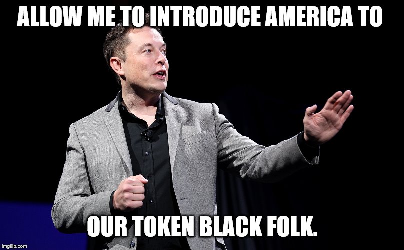 Elon Musk Presentation | ALLOW ME TO INTRODUCE AMERICA TO OUR TOKEN BLACK FOLK. | image tagged in elon musk presentation | made w/ Imgflip meme maker