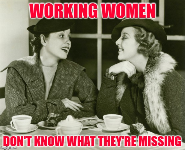 High Society Women | WORKING WOMEN; DON'T KNOW WHAT THEY'RE MISSING | image tagged in vintage gossip,women,ladies,memes,marriage,society | made w/ Imgflip meme maker