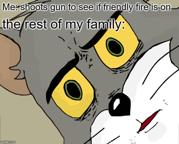 7 upvotes | Me: shoots gun to see if friendly fire is on; the rest of my family: | image tagged in memes,unsettled tom,funny,dank memes,guns | made w/ Imgflip meme maker