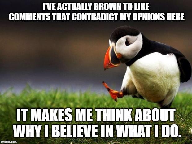 Unpopular Opinion Puffin | I'VE ACTUALLY GROWN TO LIKE COMMENTS THAT CONTRADICT MY OPNIONS HERE; IT MAKES ME THINK ABOUT WHY I BELIEVE IN WHAT I DO. | image tagged in memes,unpopular opinion puffin | made w/ Imgflip meme maker