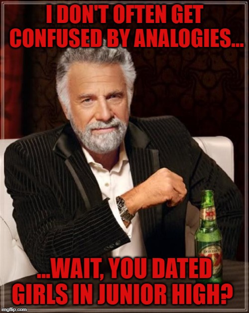The Most Interesting Man In The World Meme | I DON'T OFTEN GET CONFUSED BY ANALOGIES... ...WAIT, YOU DATED GIRLS IN JUNIOR HIGH? | image tagged in memes,the most interesting man in the world | made w/ Imgflip meme maker