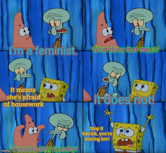 Stop it, Patrick! You're Scaring Him! | What does that mean? I'm a feminist. It means she's afraid of housework; It does not! Stop it Patrick, you're scaring her! Oooooh, dirty laundry! | image tagged in stop it patrick you're scaring him | made w/ Imgflip meme maker