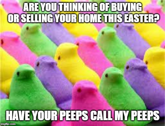 peeps | ARE YOU THINKING OF BUYING OR SELLING YOUR HOME THIS EASTER? HAVE YOUR PEEPS CALL MY PEEPS | image tagged in peeps | made w/ Imgflip meme maker