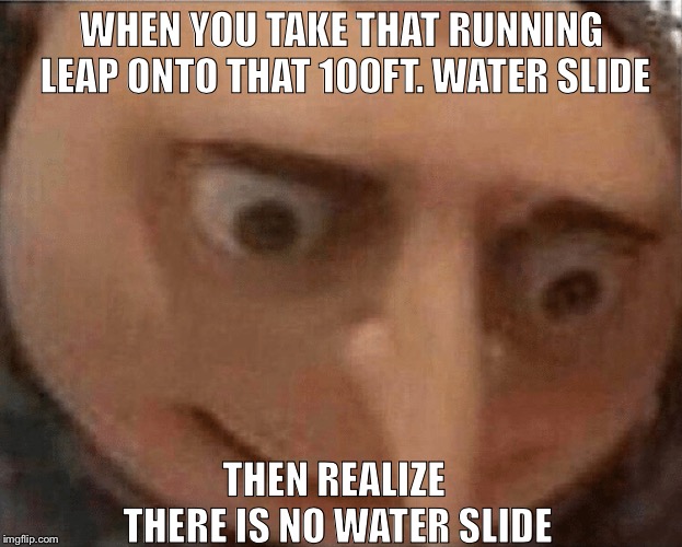 uh oh Gru | WHEN YOU TAKE THAT RUNNING LEAP ONTO THAT 100FT. WATER SLIDE; THEN REALIZE THERE IS NO WATER SLIDE | image tagged in uh oh gru | made w/ Imgflip meme maker
