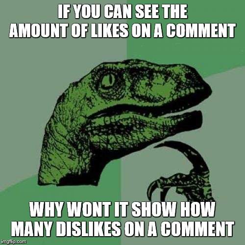 Philosoraptor | IF YOU CAN SEE THE AMOUNT OF LIKES ON A COMMENT; WHY WONT IT SHOW HOW MANY DISLIKES ON A COMMENT | image tagged in memes,philosoraptor | made w/ Imgflip meme maker