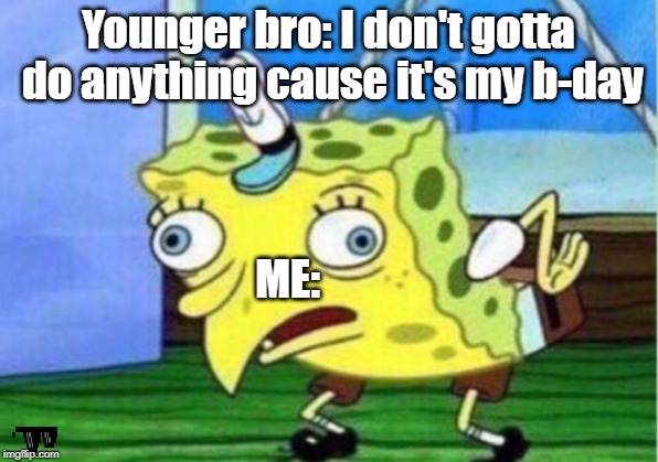 Mocking Spongebob | Younger bro: I don't gotta do anything cause it's my b-day; ME: | image tagged in memes,mocking spongebob | made w/ Imgflip meme maker