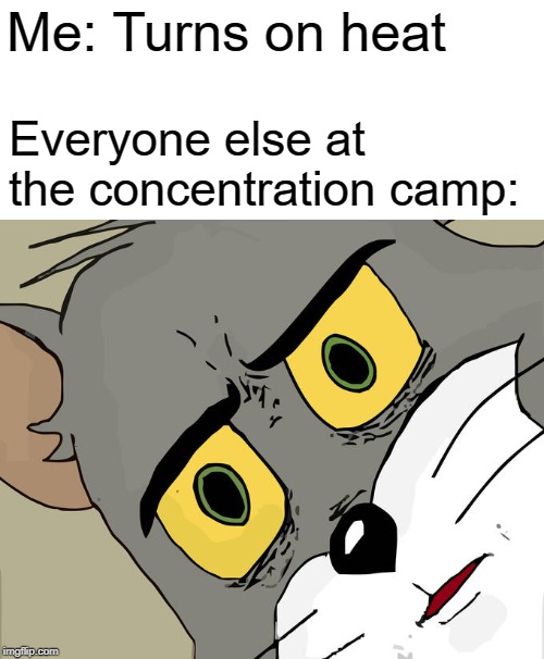 Unsettled Tom Meme | Me: Turns on heat; Everyone else at the concentration camp: | image tagged in memes,unsettled tom | made w/ Imgflip meme maker