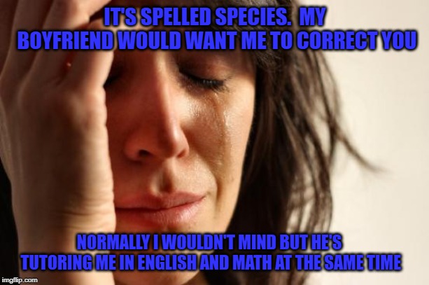 IT'S SPELLED SPECIES.  MY BOYFRIEND WOULD WANT ME TO CORRECT YOU NORMALLY I WOULDN'T MIND BUT HE'S TUTORING ME IN ENGLISH AND MATH AT THE SA | image tagged in memes,first world problems | made w/ Imgflip meme maker