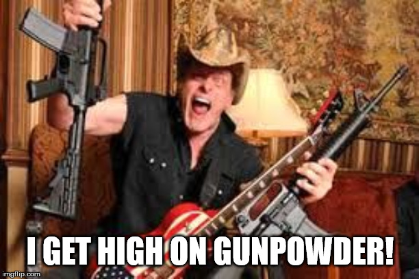 Ted nugent | I GET HIGH ON GUNPOWDER! | image tagged in ted nugent | made w/ Imgflip meme maker
