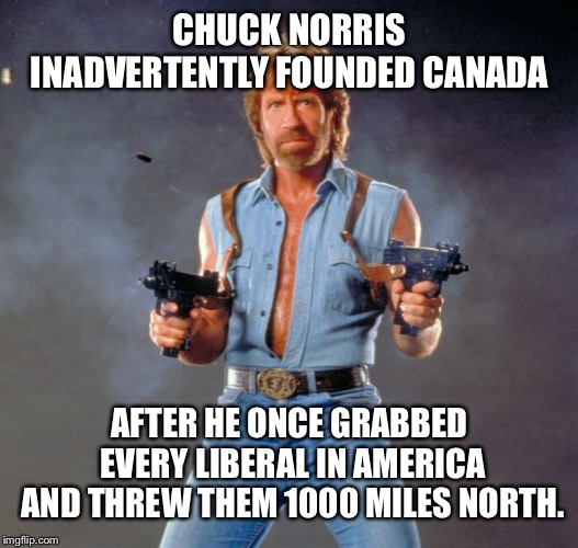 Chuck Norris Guns | CHUCK NORRIS INADVERTENTLY FOUNDED CANADA; AFTER HE ONCE GRABBED EVERY LIBERAL IN AMERICA AND THREW THEM 1000 MILES NORTH. | image tagged in memes,chuck norris guns,chuck norris | made w/ Imgflip meme maker