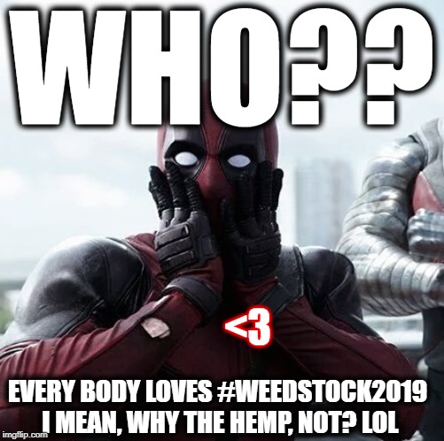 Deadpool Surprised | WHO?? <3; EVERY BODY LOVES #WEEDSTOCK2019 I MEAN, WHY THE HEMP, NOT? LOL | image tagged in memes,deadpool surprised | made w/ Imgflip meme maker