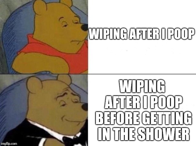 Tuxedo Winnie The Pooh | WIPING AFTER I POOP; WIPING AFTER I POOP BEFORE GETTING IN THE SHOWER | image tagged in tuxedo winnie the pooh | made w/ Imgflip meme maker