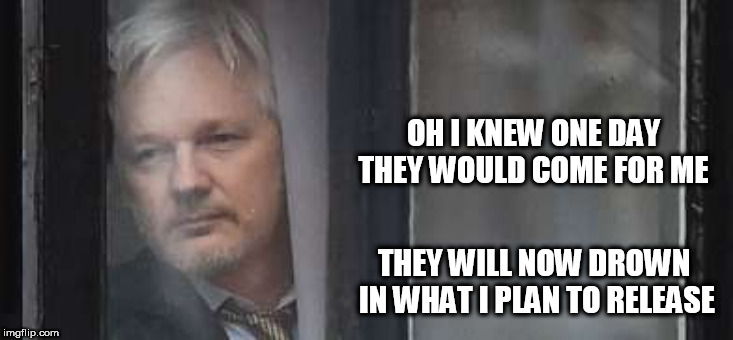 Lurking Assange | OH I KNEW ONE DAY THEY WOULD COME FOR ME; THEY WILL NOW DROWN IN WHAT I PLAN TO RELEASE | image tagged in lurking assange | made w/ Imgflip meme maker