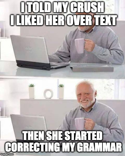 Hide the Pain Harold Meme | I TOLD MY CRUSH I LIKED HER OVER TEXT; THEN SHE STARTED CORRECTING MY GRAMMAR | image tagged in memes,hide the pain harold | made w/ Imgflip meme maker