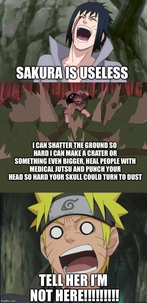 Sakura is not useless | SAKURA IS USELESS; I CAN SHATTER THE GROUND SO HARD I CAN MAKE A CRATER OR SOMETHING EVEN BIGGER, HEAL PEOPLE WITH MEDICAL JUTSU AND PUNCH YOUR HEAD SO HARD YOUR SKULL COULD TURN TO DUST; TELL HER I’M NOT HERE!!!!!!!!! | image tagged in naruto sasuke and sakura,sakura,not,useless | made w/ Imgflip meme maker